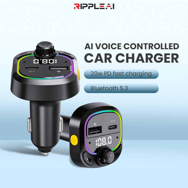 [Hot Selling] Ripple Al Car Charger 2 Port Fast Charging USB Chargers FM & Bluetooth Transmitter Voice Control MP3 - 1