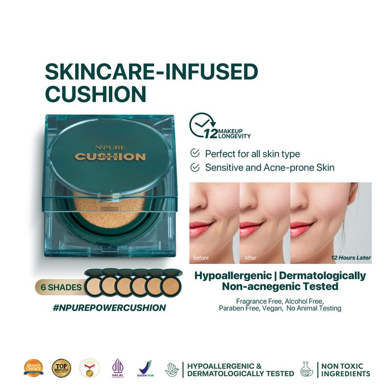 【Cushion】NPURE Centella Asiatica Flawless Matte Power Cushion / Cushion Kulit Jerawat / Skincare Infused / Hypoallergenic / Dermatologically / Non-Acnegenic / Foundation Wajah / Concealer Berjerawat / Long Lasting - 1