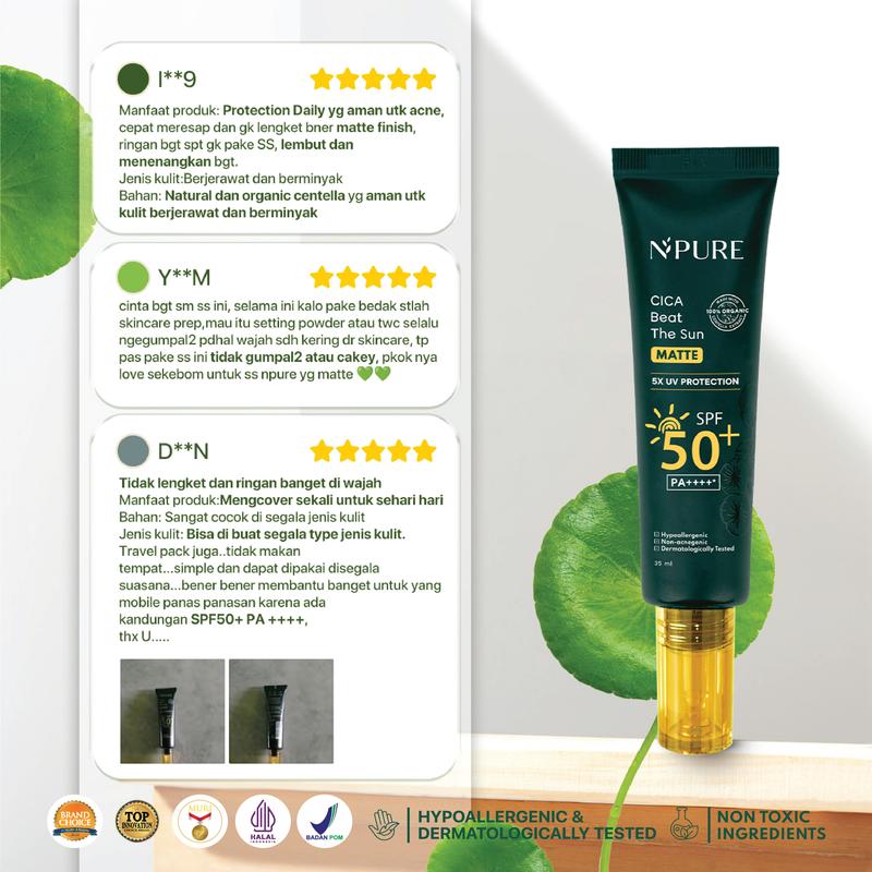 NPURE Sunscreen Beat The Sun Matte SPF 50+ PA++++ - Sunscreen Jerawat, Sunscreen Hypoallergenic , Extract Hydrating , Mencerahkan wajah, Mencegah wajah Hitam, aman kulit Berjerawat - 5