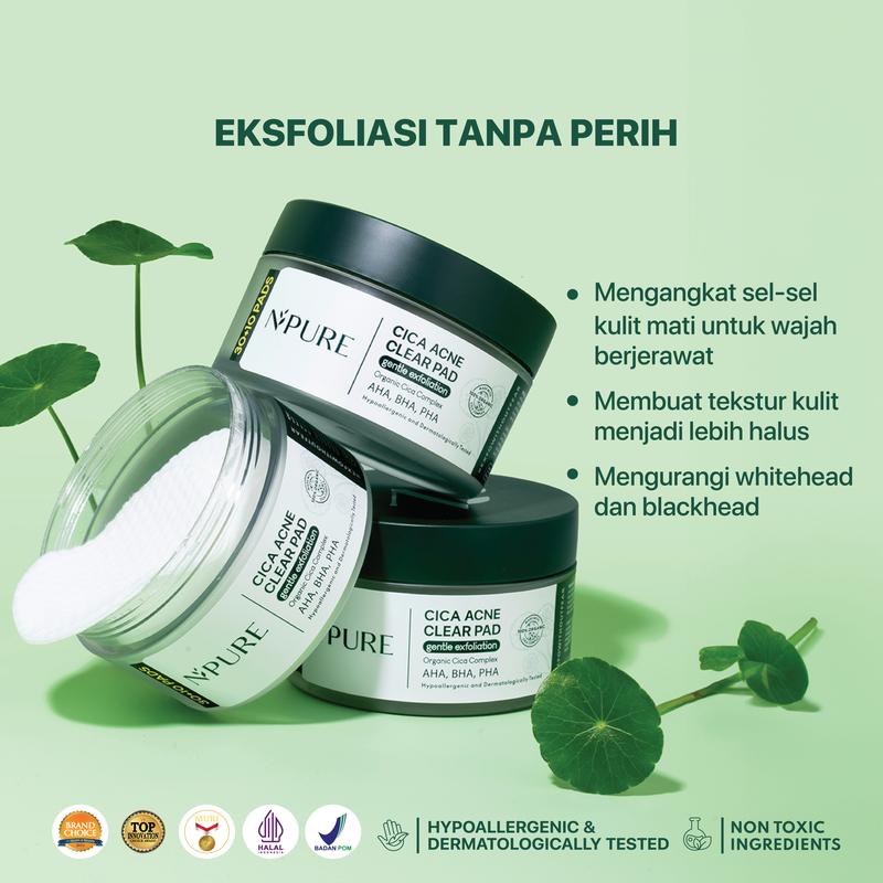 【Paket 3pcs】NPURE Face Toner Centella Asiatica 150 ML/Cica Clear Pad /Toner 30ml / face wash / power clear micellar water (Cica Series) Hydrating Membersihkan Wajah Berjerawat /Mencerahkan /Niacinamide - 3