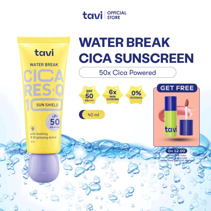 TAVI CICA RES-Q10 Water Break Sun Shield 40 ml - SPF 50 | Sunscreen Wajah Lightweight Menyegarkan | Sunblock Olahraga Berenang Lebaran Raya| Skin Tint Face Tint