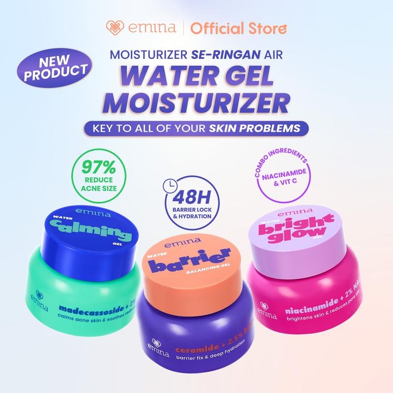 [BACK IN STOCK] Emina Water Gel Moisturizer 30g | Mencerahkan & Mengurangi Flek Hitam | 48H Menjaga Kelembapan, Memperkuat Skin Barrier Mengurangi, Jerawat, dan Meredakan Kemerahan, Kulit Glowing, Mengandung Niacinamide, dan Vitamin C