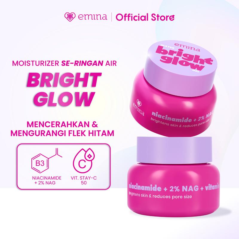 Emina Water Bright Glow Gel Moisturizer 30g | Mencerahkan & Mengurangi Flek Hitam, Kulit Glowing, Meratakan Warna Kulit, Pelembab Seringan Air, Mengandung Niacinamide, Vitamin C