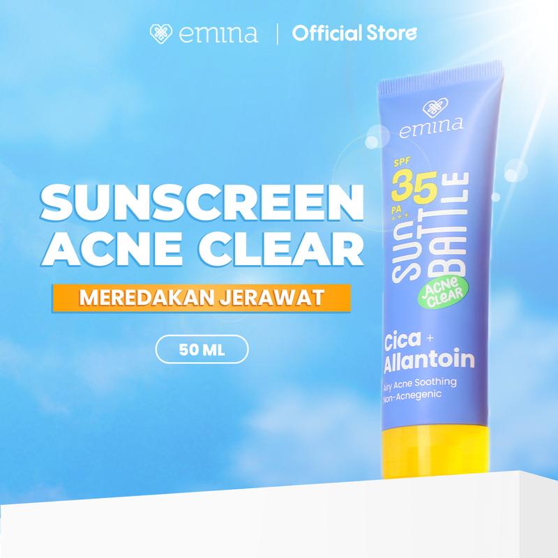 NEW! Emina Sun Battle SPF 35 PA +++ Acne Clear Cica + Allantoin Airy Acne Soothing 50 ml - Sunscreen untuk Melindungi dari sinar UV untuk Kulit Berminyak, Berjerawat, Sensitif. Ringan, no whitecast, fresh. Teruji in-vivo non-acnegenic & non-comedogenic