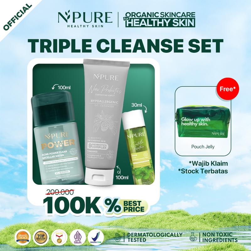 【FREE Pouch】NPURE Triple Cleanse Set Micellar 100ml + Cleanser Noni 100ml + Cica Toner 30ml / paket skincare/skincare set/skincare kit/paket perawatan kulit