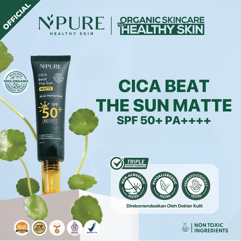 NPURE Sunscreen Beat The Sun Matte SPF 50+ PA++++ - Sunscreen Jerawat, Sunscreen Hypoallergenic , Extract Hydrating , Mencerahkan wajah, Mencegah wajah Hitam, aman kulit Berjerawat