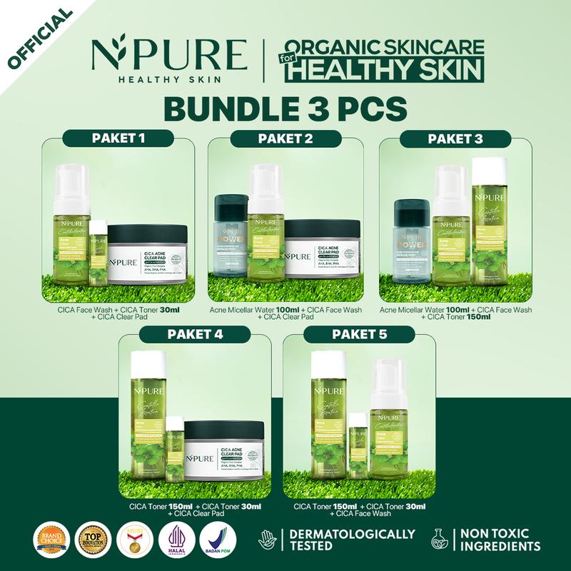 【Paket 3pcs】NPURE Face Toner Centella Asiatica 150 ML/Cica Clear Pad /Toner 30ml / face wash / power clear micellar water (Cica Series) Hydrating Membersihkan Wajah Berjerawat /Mencerahkan /Niacinamide