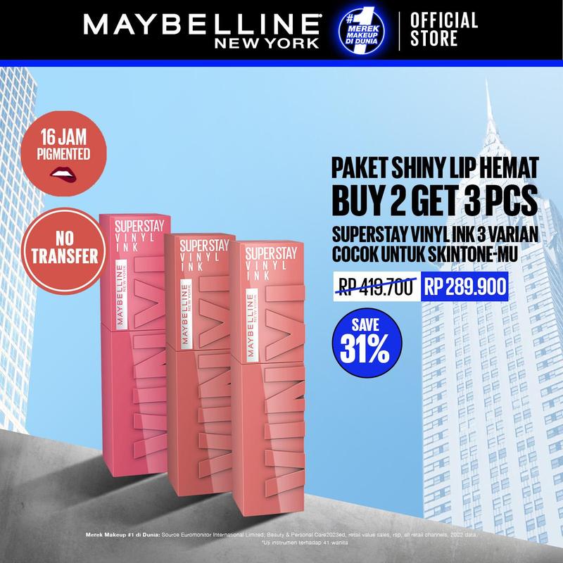 MAYBELLINE LIP KIT Superstay Vinyl Ink 3 pcs -Shiny Pigmented Liquid Lipstik Lipstick Make Up Lipcream