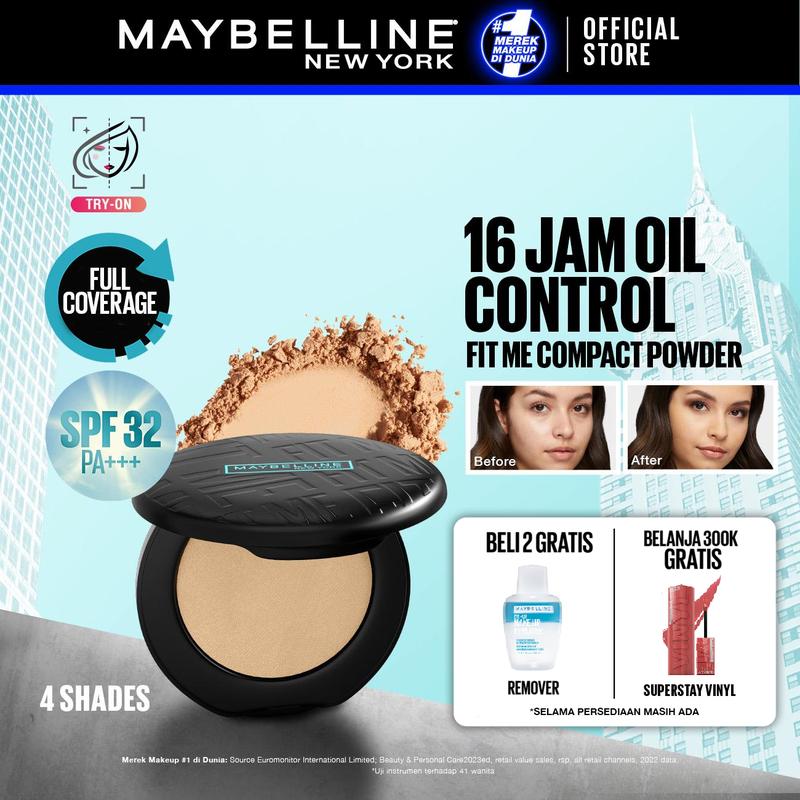 MAYBELLINE Fit Me Matte + Poreless 16 Jam Oil Control Compact Powder Make Up Bedak Padat bebas minyak tahan 16 Jam